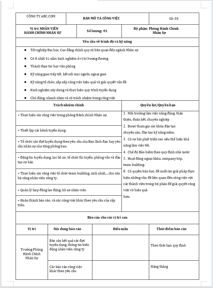 Mẫu mô tả công việc hành chính nhân sự chuẩn & đầy đủ